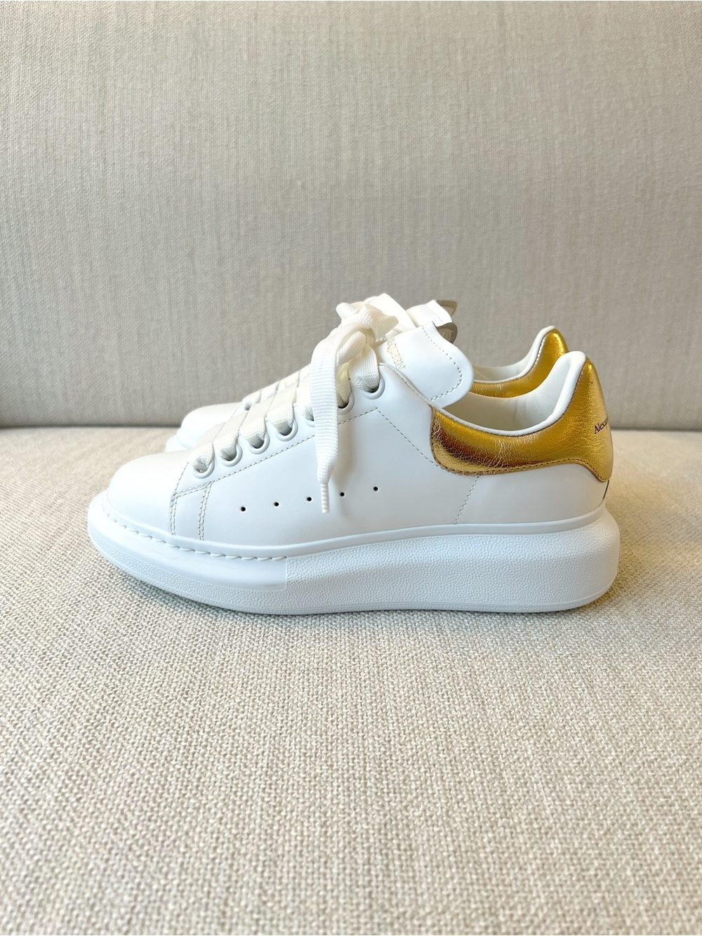 New Alexander McQueen White & Gold Oversized Platform Calf Leather Sneakers